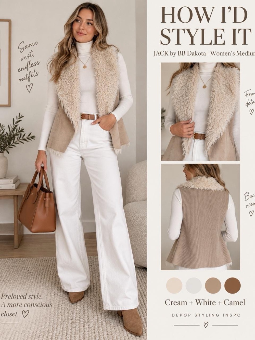 Jack by BB Dakota Cream & Camel Faux Shearling Vest